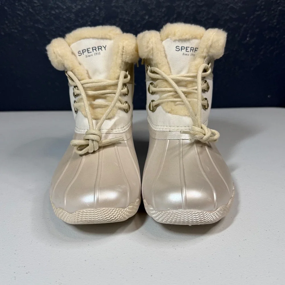 Sperry‎ Saltwater Duck Boots 5 Champagne Metallic Faux Fur Trim Side Zip